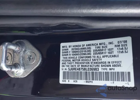 2008 Honda Cr-V Ex-L from USA, damaged, VIN 5J6RE48758L036983